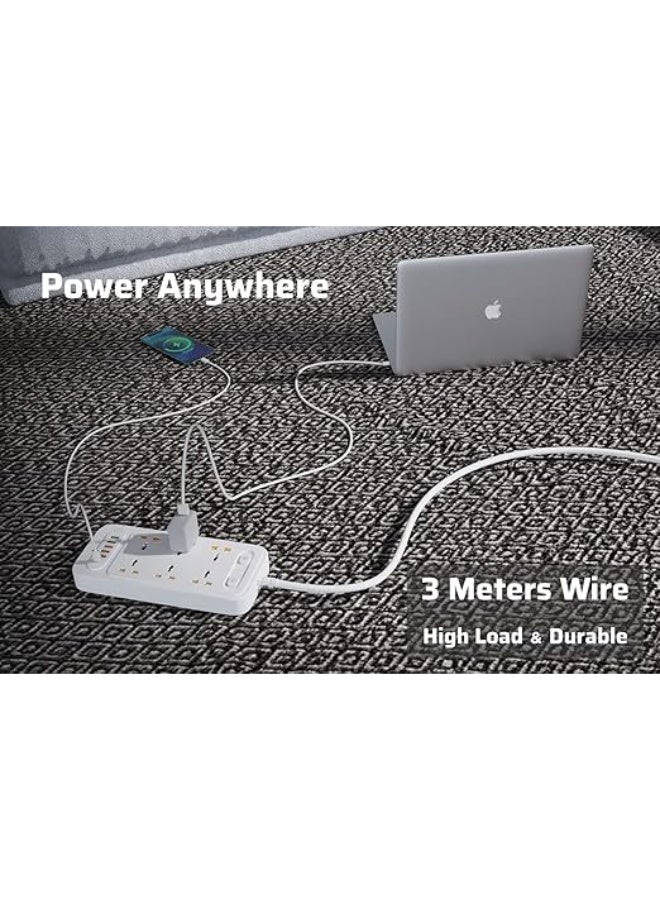 CREATMOR Power Extension 20W PD Typc C Port,3 Meters Extension Cord with 6 Universal 10AC/3000W Outlet and 5 USB Ports for Home,Office,Travel,Computer Desktop  Charging Power Strip - Image 5